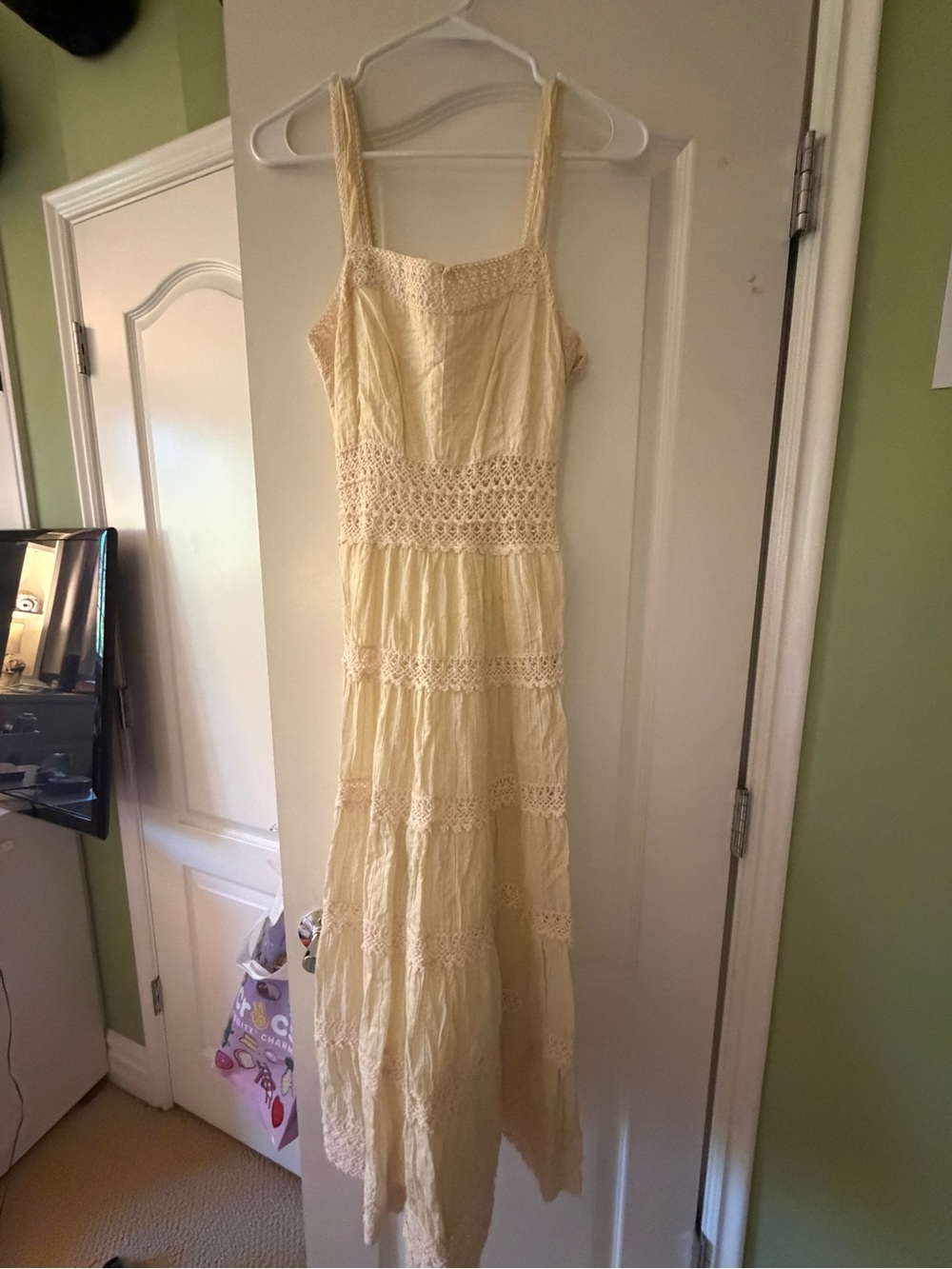 Vintage Bohemian Cream Lace Tiered Maxi Dress Parisian Lace Style 100% Cotton
